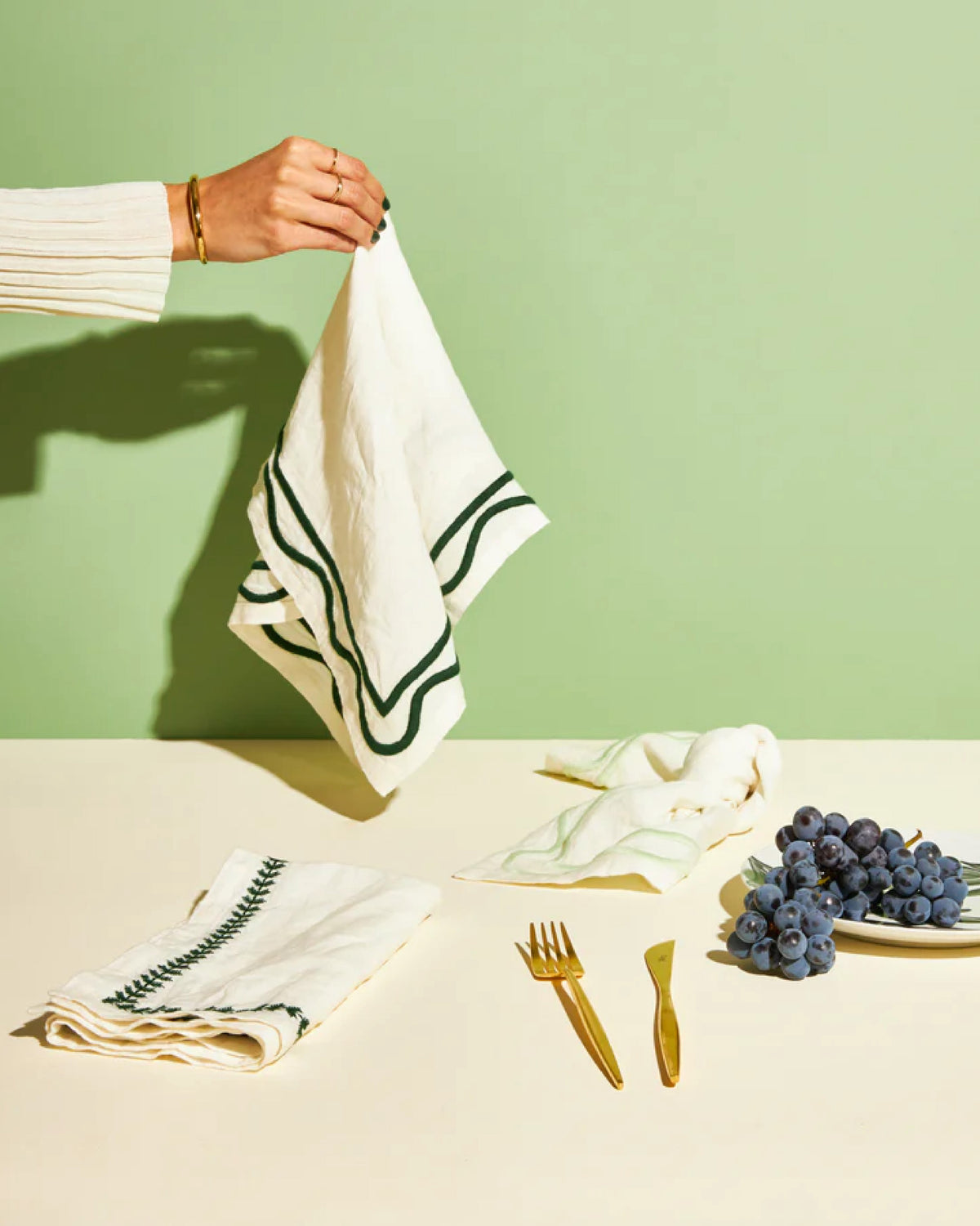 Green Colorblock Linen Embroidered Napkins | Undisclosed