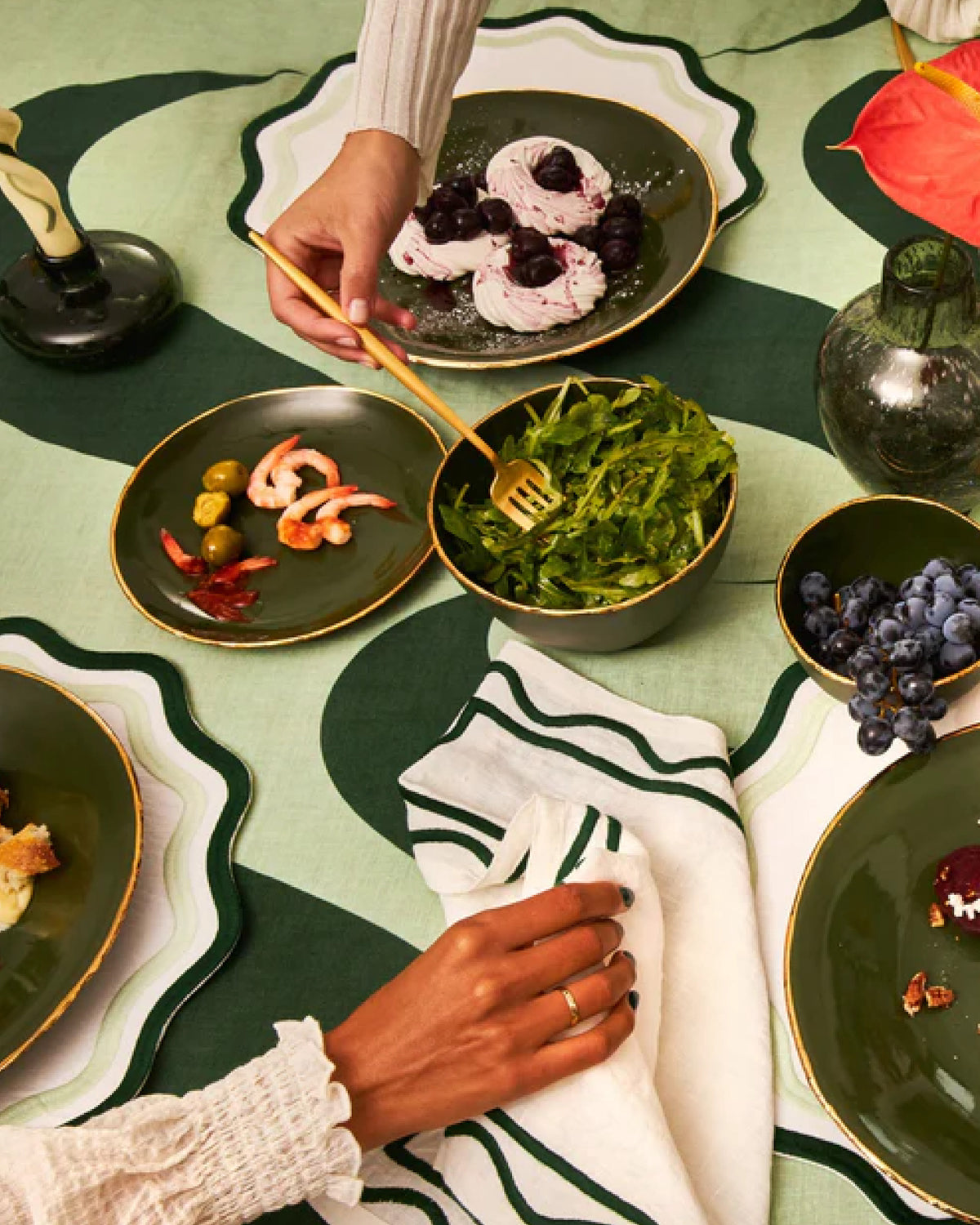 Dark Green Colorblock Linen Embroidered Placemats | Undisclosed